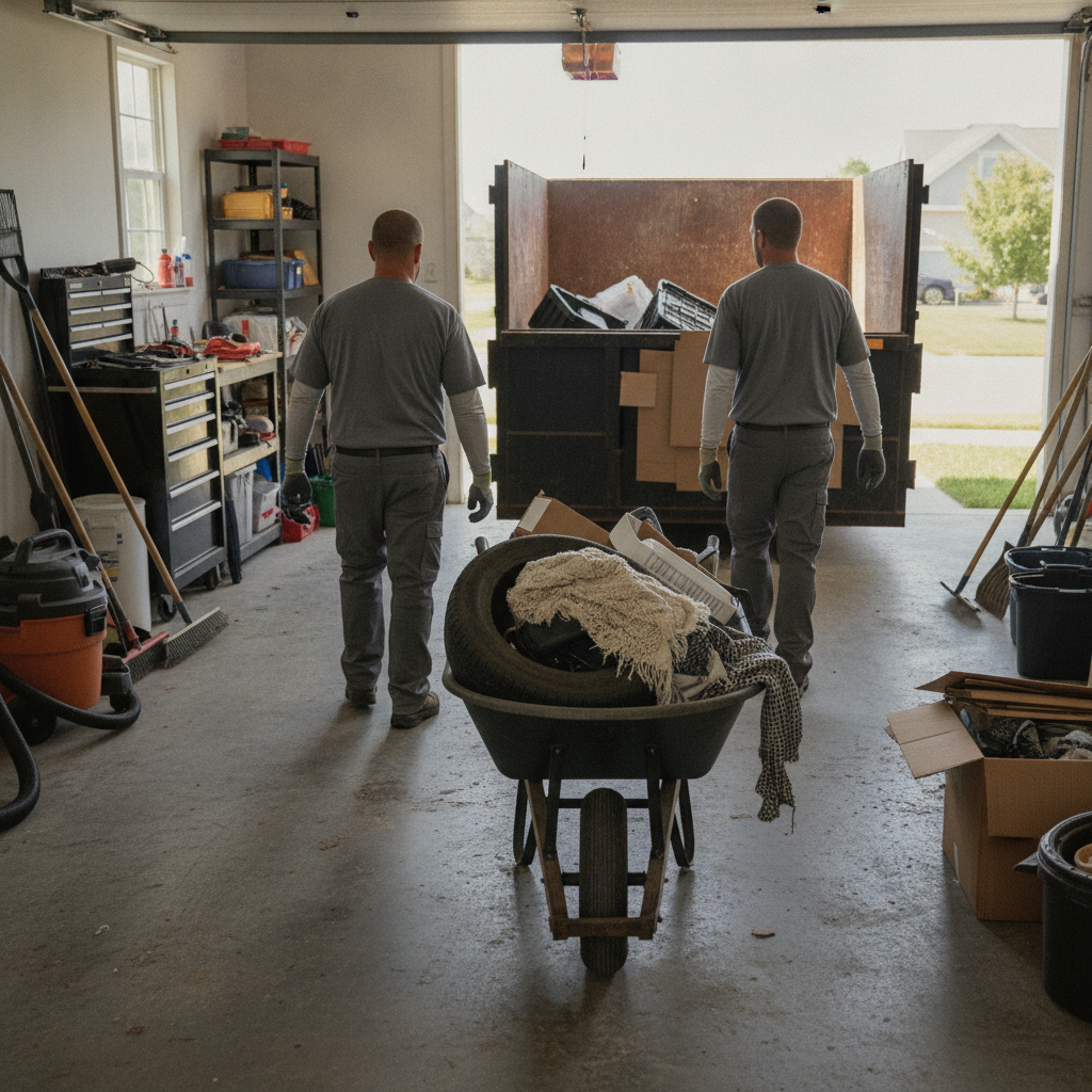 Create a realistic, professional service-business photograph showing Garage Cleanout from behind, with the backs of their heads visible. Do not show any faces, facial features, front-facing views or side views, profiles, or identifiable peo