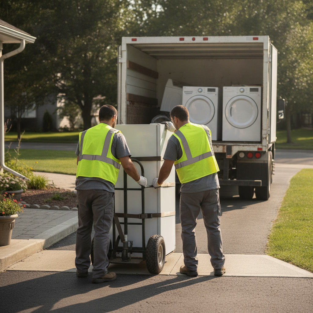 Create a realistic, professional service-business photograph showing Appliance Removal from behind, with the backs of their heads visible. Do not show any faces, facial features, front-facing views or side views, profiles, or identifiable p