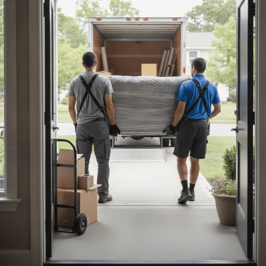 Create a realistic, professional service-business photograph showing Furniture Removal from behind, with the backs of their heads visible. Do not show any faces, facial features, front-facing views or side views, profiles, or identifiable p