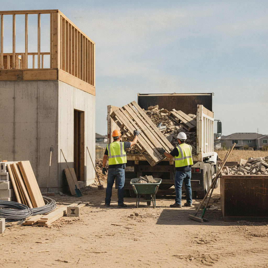 Create a realistic, professional service-business photograph showing Construction Debris Removal from behind, with the backs of their heads visible. Do not show any faces, facial features, front-facing views or side views, profiles, or iden
