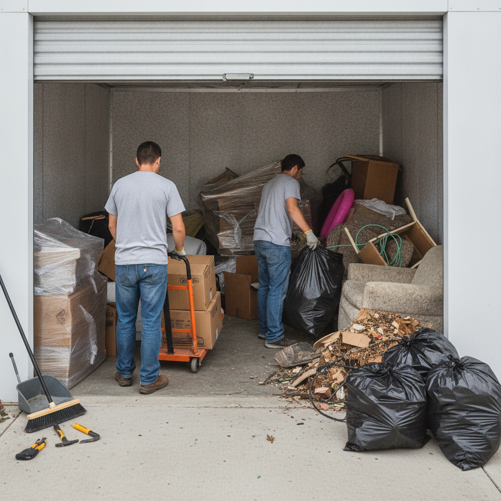 Create a realistic, professional service-business photograph showing Storage Unit Cleanout from behind, with the backs of their heads visible. Do not show any faces, facial features, front-facing views or side views, profiles, or identifiab