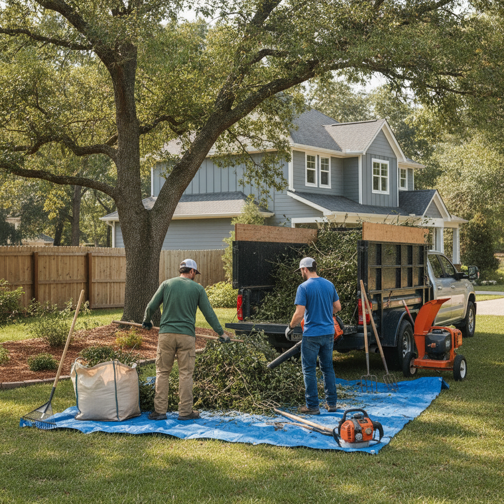 Create a realistic, professional service-business photograph showing Yard Waste Removal from behind, with the backs of their heads visible. Do not show any faces, facial features, front-facing views or side views, profiles, or identifiable
