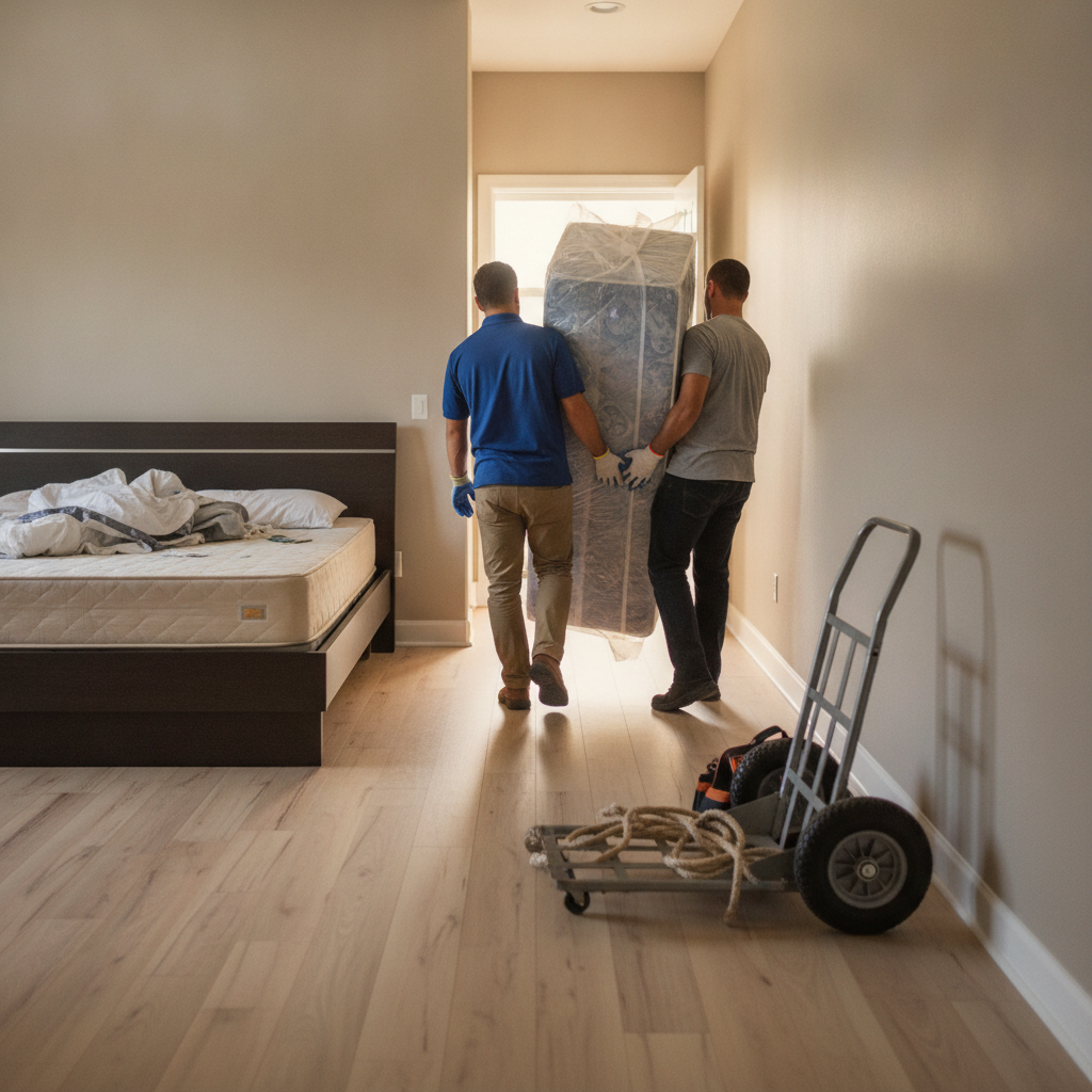 Create a realistic, professional service-business photograph showing Mattress Removal from behind, with the backs of their heads visible. Do not show any faces, facial features, front-facing views or side views, profiles, or identifiable pe